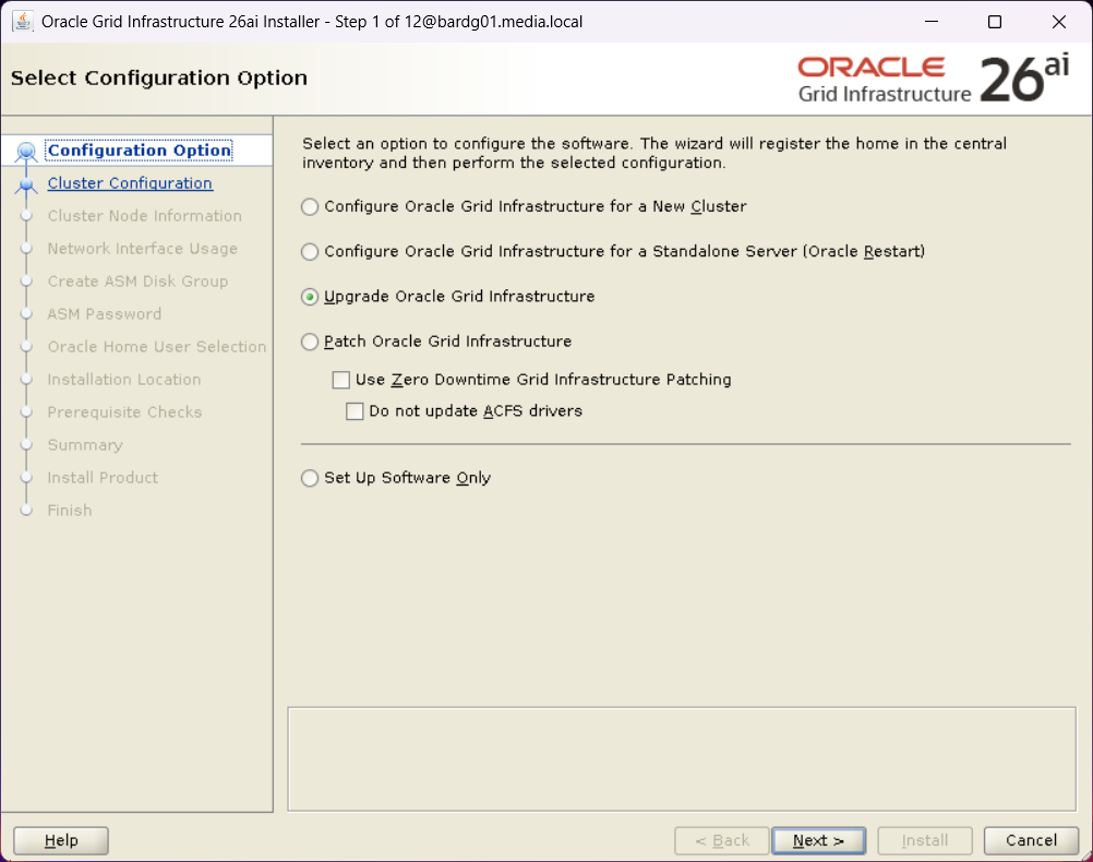 First step of Oracle Grid Infrastructure 26ai installer with "upgrade Oracle Grid Infrastructure" option selected.