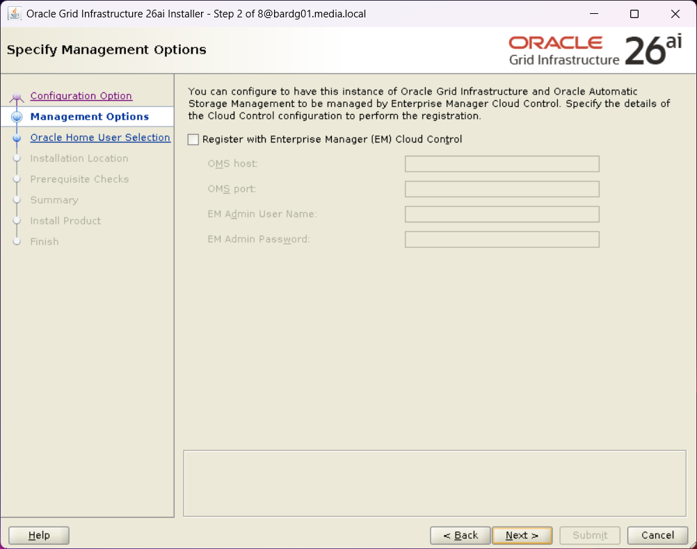Second step of Oracle Grid Infrastructure 26ai installer with nothing selected