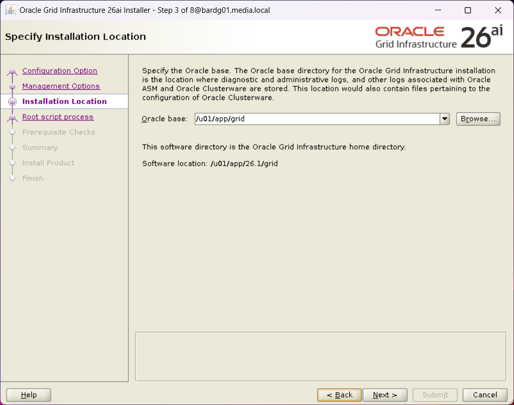 Step 3 of the Oracle Grid Infrastructure 26ai installer with Oracle Base specified.
