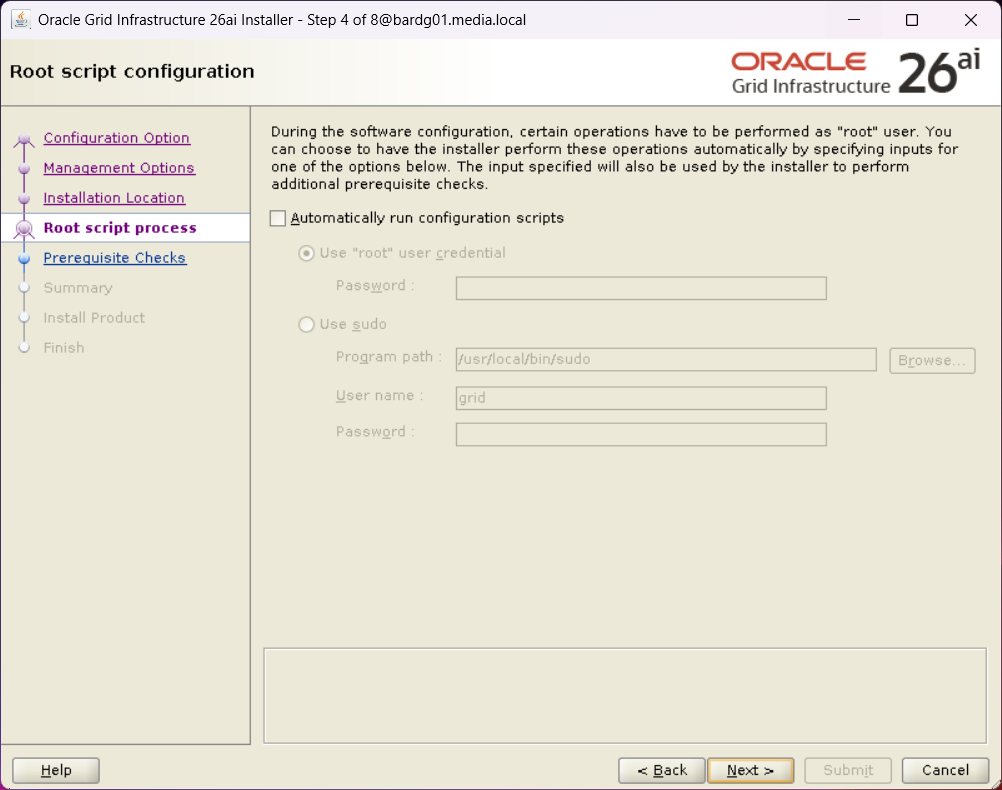Step 4 of the Oracle Grid Infrastructure 26ai installer without selection of "Automatically run configuration scripts"