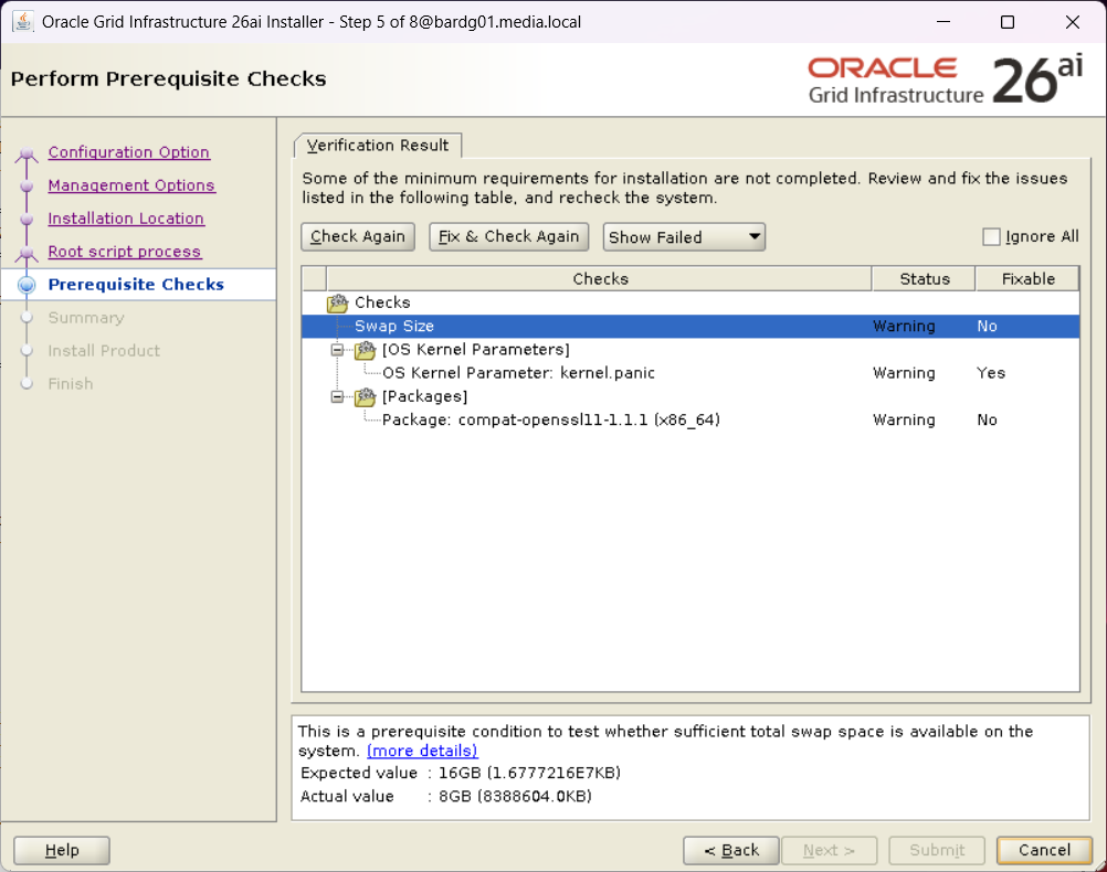 Step 5 of the Oracle Grid Infrastructure 26ai installer with the results of the prerequisite checks.