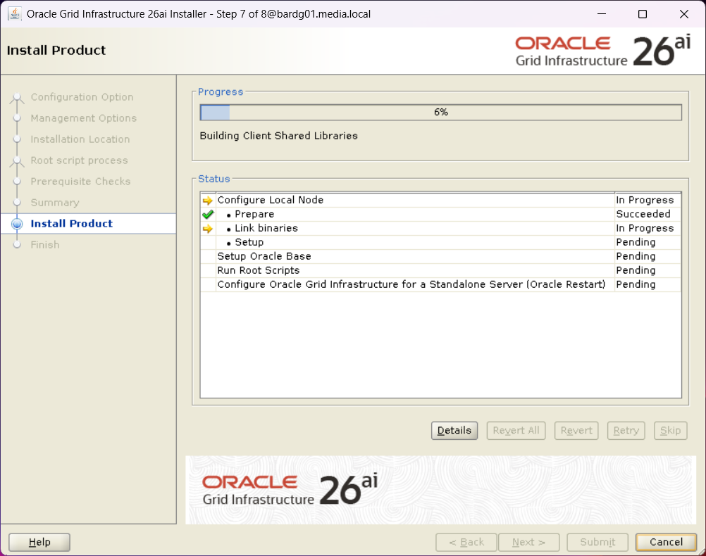Step 7 of the Oracle Grid Infrastructure 26ai installer showing the installation progress