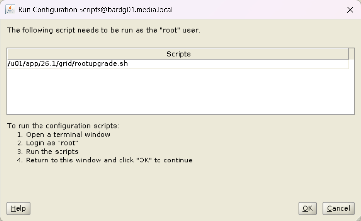 An important step in he Oracle Grid Infrastructure 26ai installer prompting to run the rootupgrade.sh script